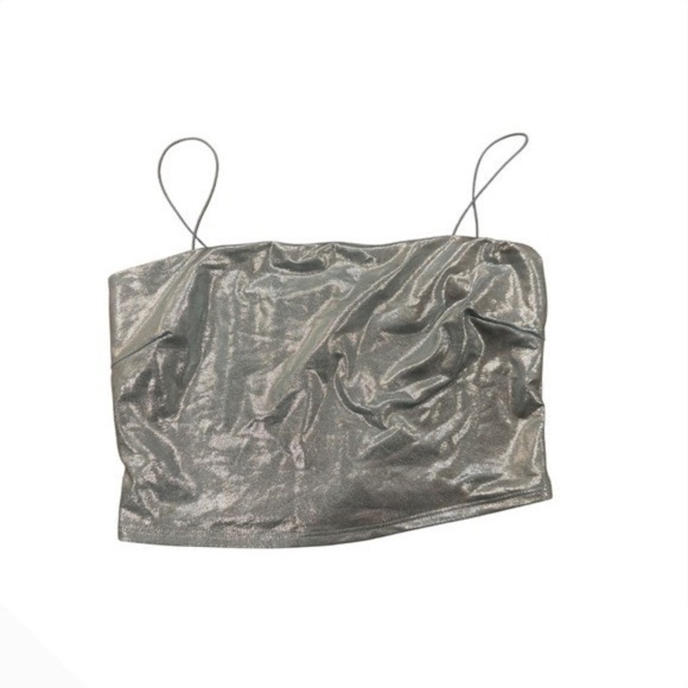 Silver Metallic Camisole Crop Top Spaghetti Strap Shimmer Night Out Y2K Tank